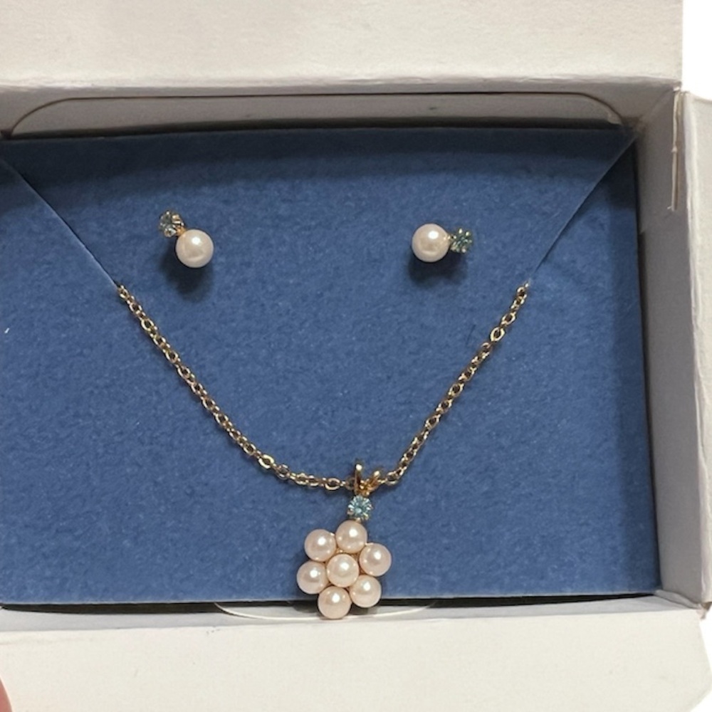 Vintage Avon Birthstone Accent Pearlesque Necklace and Earrings Set March NIB